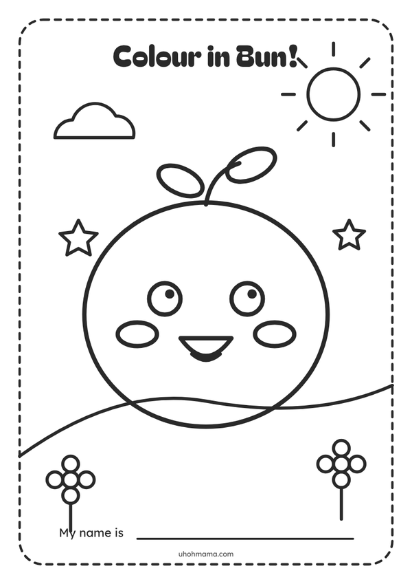 Colouring page with an outline of Bun, a round smiling character, with a sun, cloud, stars and flowers to colour